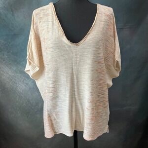 Free People Womens Medium Cream Space Dye V-Neck Knit Top‎ Cotton Linen Blend